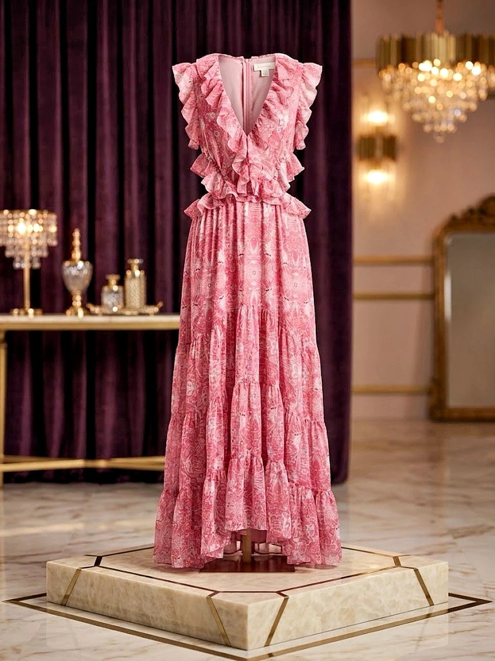 MISA Floral Ruffle Maxi Dress in Pink Size Small
